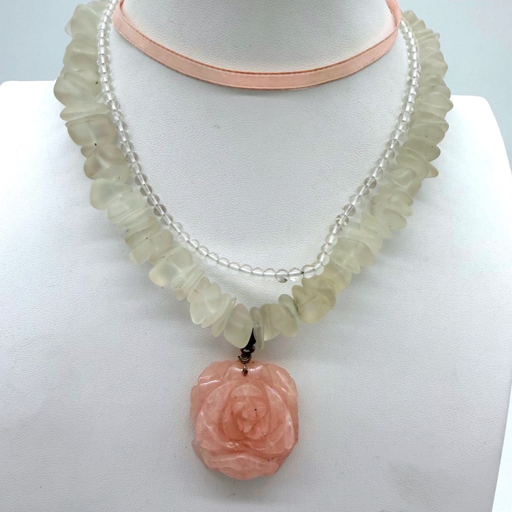 Rose Quartz Carved Pendant Necklace Frosted Crystal Bead Layered Set